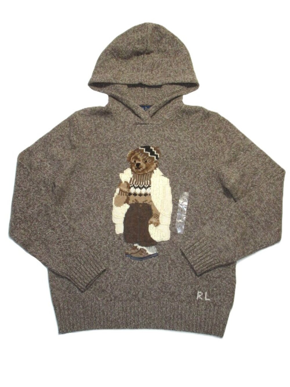 NWT Polo Ralph Lauren Women's Polo Bear in Brown Multi Wool-Blend Knit Hoodie L - Picture 3 of 9